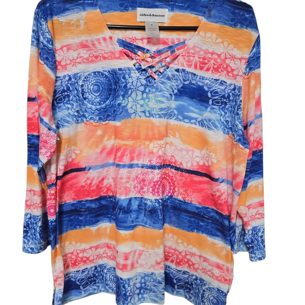 Alfred Dunner Orange and Blue 3/4 Sleeve Tie Front Tunic
